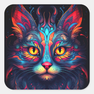 Colourful Kitty Cat Animal Psychedelic Fantasy Art Square Sticker