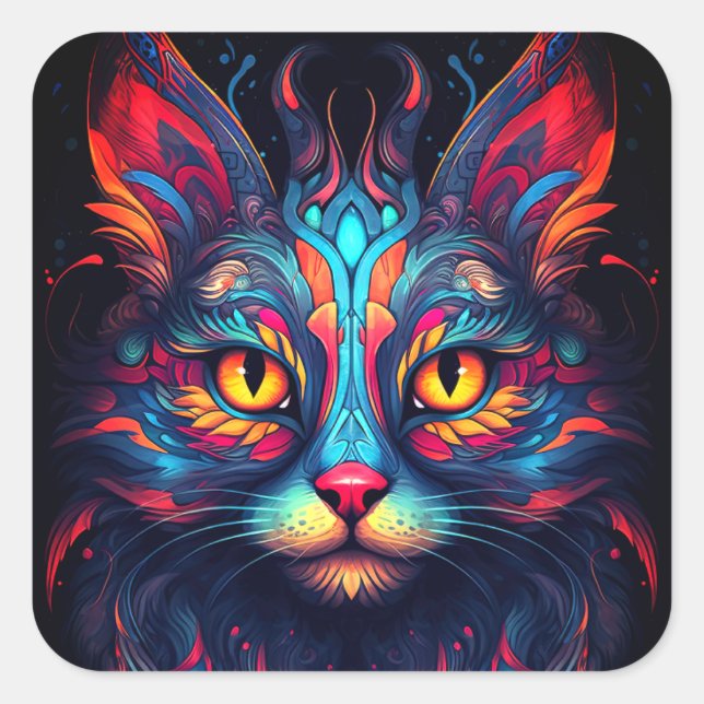 Colourful Kitty Cat Animal Psychedelic Fantasy Art Square Sticker (Front)
