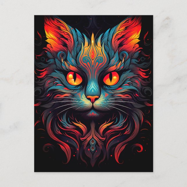 Colourful Kitty Cat Animal Psychedelic Tribal Art Postcard (Front)