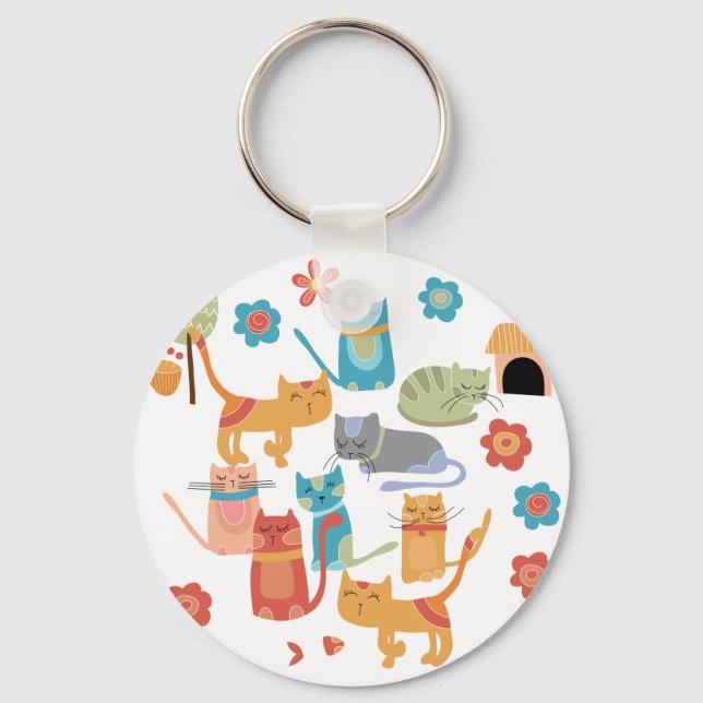 Colourful Kitty Cats Print Gifts for Cat Lovers Key Ring (Front)