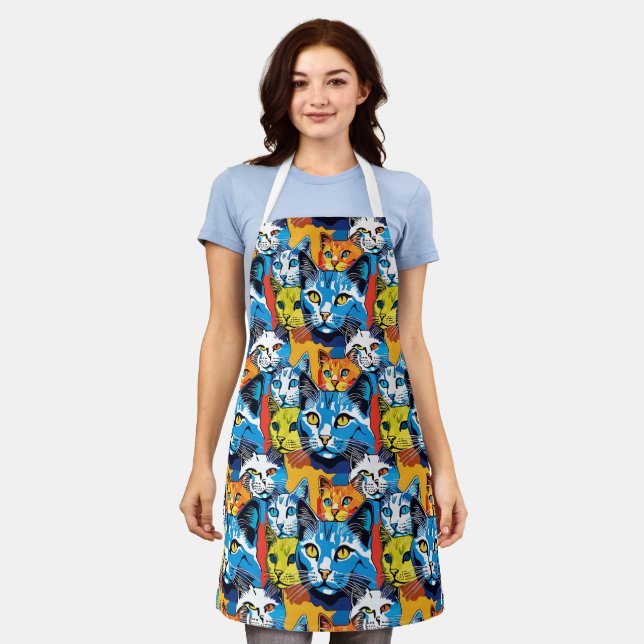Colourful Kitty Pop Art Cat Pattern Apron (Worn)