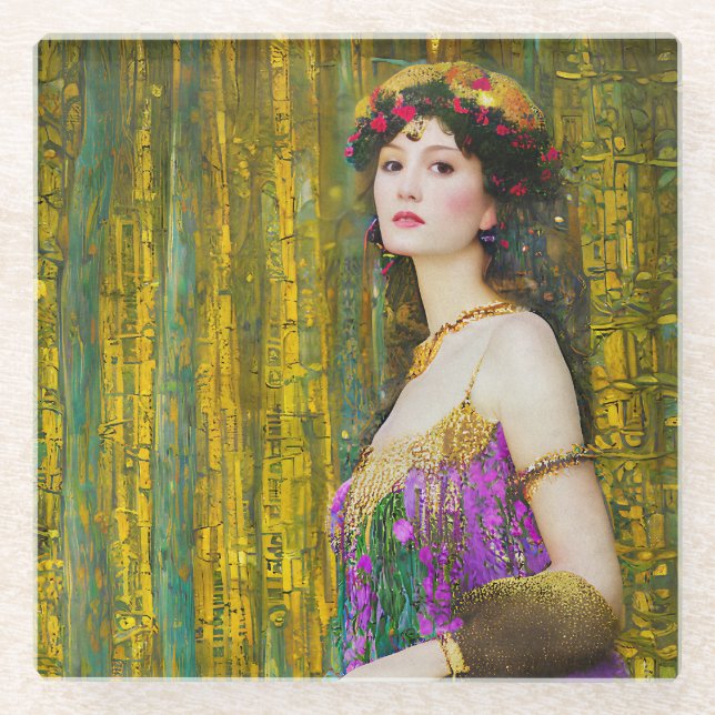 Colourful Klimt Style Collage Portrait of a Woman Glass Coaster (Front)
