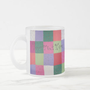colourful knitted patchwork squares fun design frosted glass coffee mug