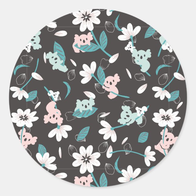 Colourful Koala Pattern Cute Animal and Floral Classic Round Sticker (Front)