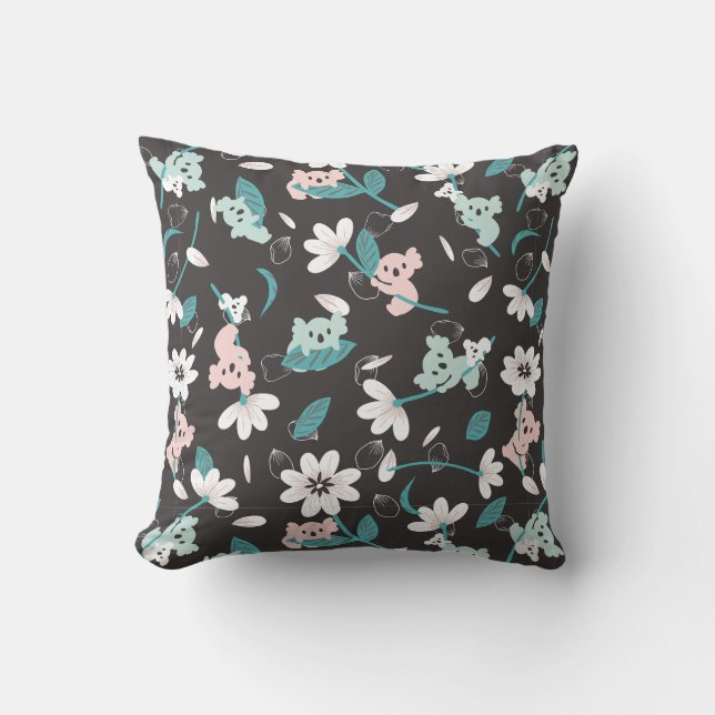 Colourful Koala Pattern Cute Animal and Floral Cushion (Front)