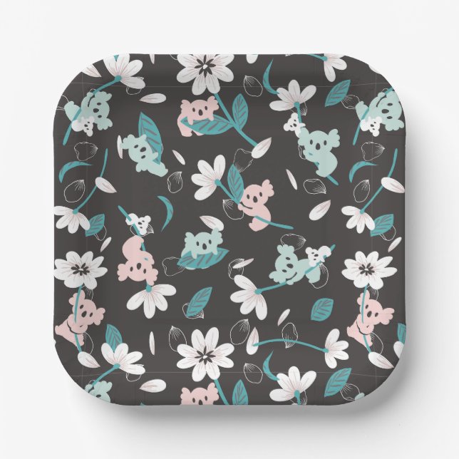 Colourful Koala Pattern Cute Animal and Floral Paper Plate (Front)
