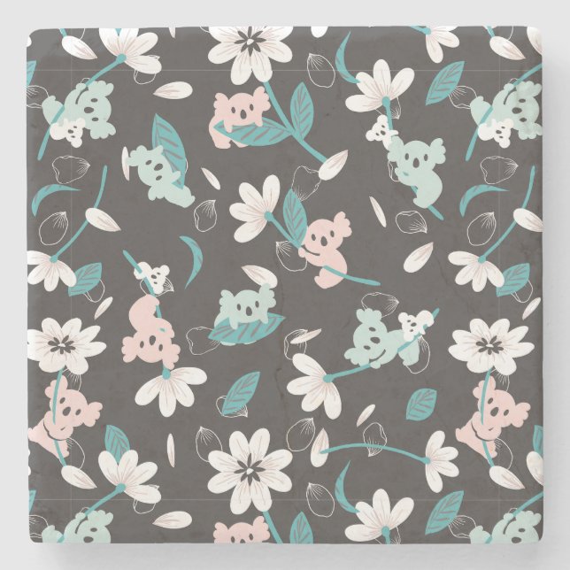 Colourful Koala Pattern Cute Animal and Floral Stone Coaster (Front)