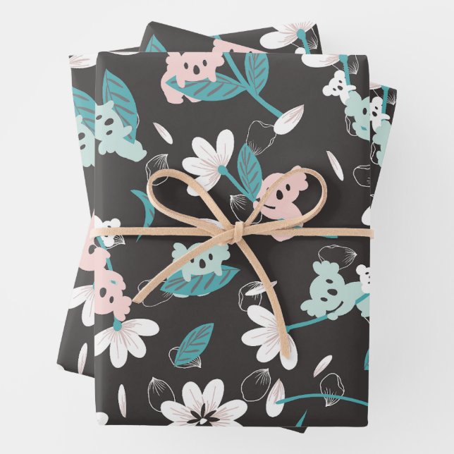 Colourful Koala Pattern Cute Animal and Floral Wrapping Paper Sheet (In situ)