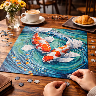 Colourful Koi Fish Art Design in Flowing Teal Wate Jigsaw Puzzle