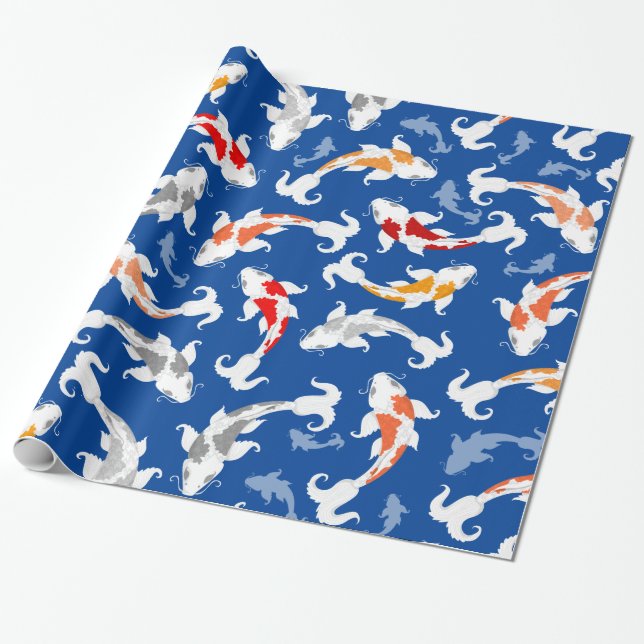 Colourful Koi Fish on Deep Blue Wrapping Paper (Unrolled)