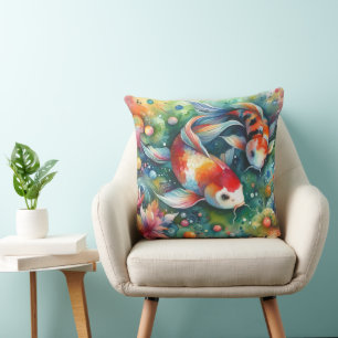 Colourful Koi Fish Whimsical Watercolor Orange Tea Cushion