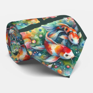 Colourful Koi Fish Whimsical Watercolor Orange Tea Tie