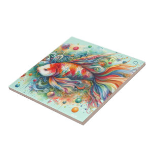 Colourful Koi Fish Whimsical Watercolor Orange Tea Tile