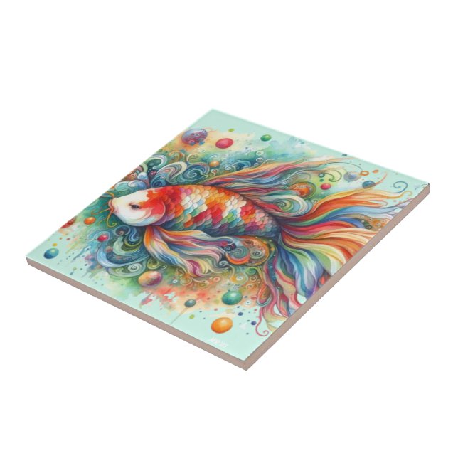 Colourful Koi Fish Whimsical Watercolor Orange Tea Tile (Side)