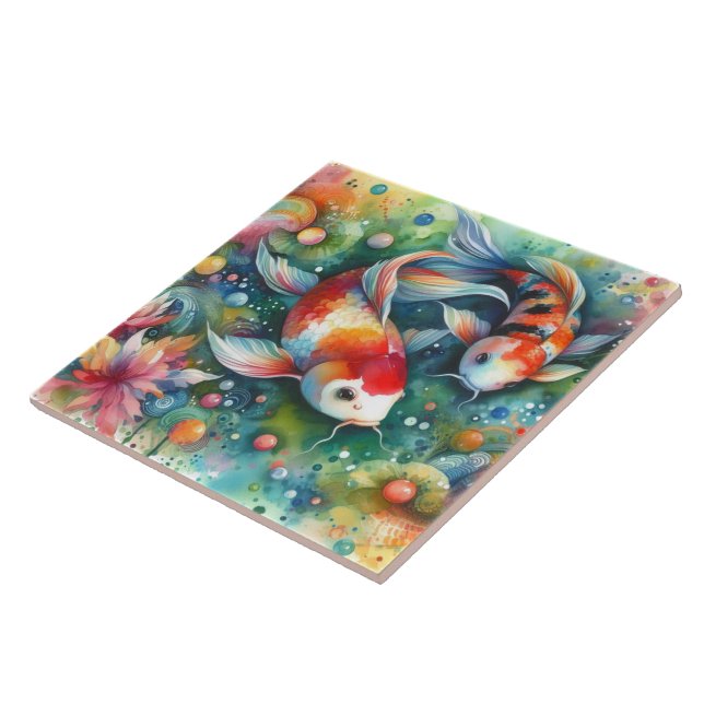 Colourful Koi Fish Whimsical Watercolor Orange Tea Tile (Side)