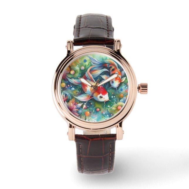 Colourful Koi Fish Whimsical Watercolor Orange Tea Watch (Front)