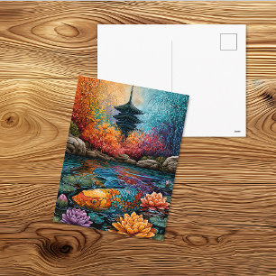 Colourful Koi Pond Pagoda Postcard