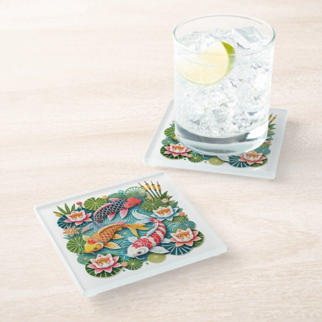 Colourful Koi Swimming in Lotus Filled Pond Glass Coaster (Angled)