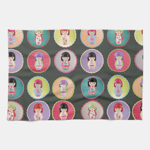 Colourful Kokeshi Dolls Tea Towel