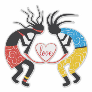 Colourful Kokopelli figures love heart