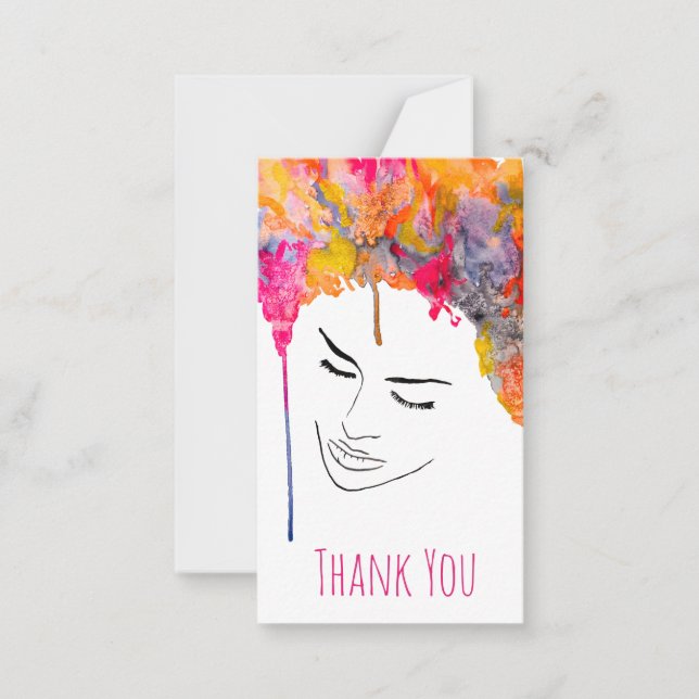 Colourful lady funky hair watercolor card (Front)