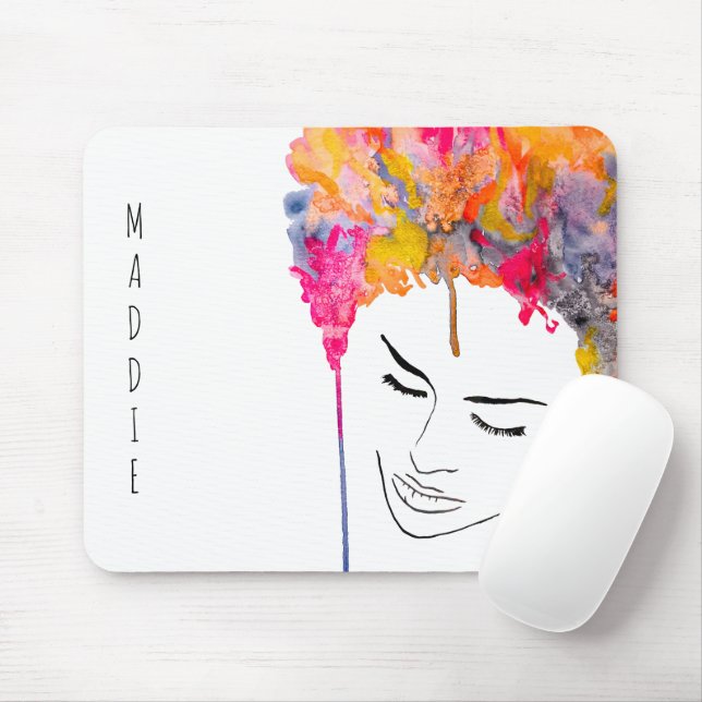 Colourful lady funky hair watercolor mouse mat (With Mouse)