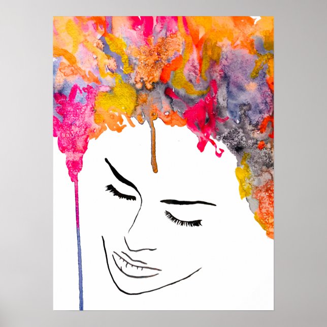 Colourful lady funky hair watercolor poster (Front)