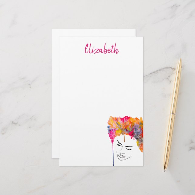 Colourful lady funky hair watercolor stationery (Front/Back In Situ)