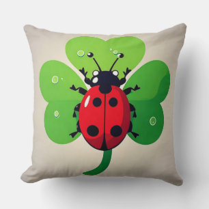 Colourful Ladybug Illustration on Green Clover Lea Cushion