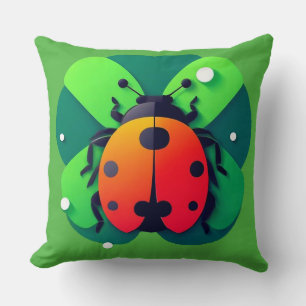 Colourful Ladybug Illustration on Green Clover Lea Cushion