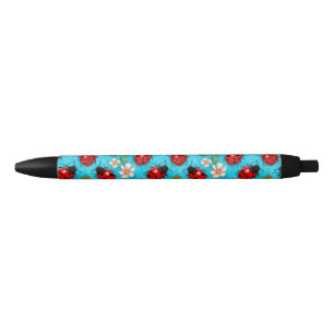 Colourful Ladybug Pattern with Flowers Black Ink Pen