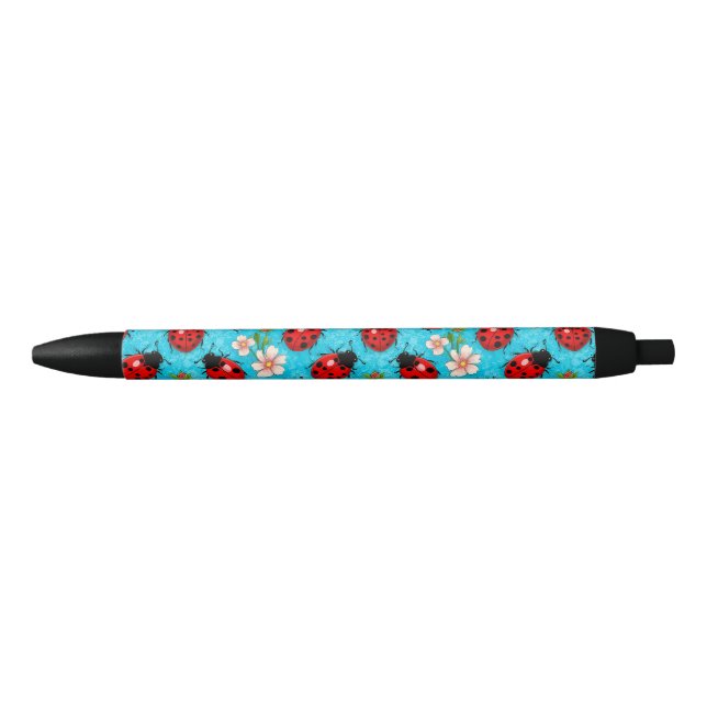 Colourful Ladybug Pattern with Flowers Black Ink Pen (Front)