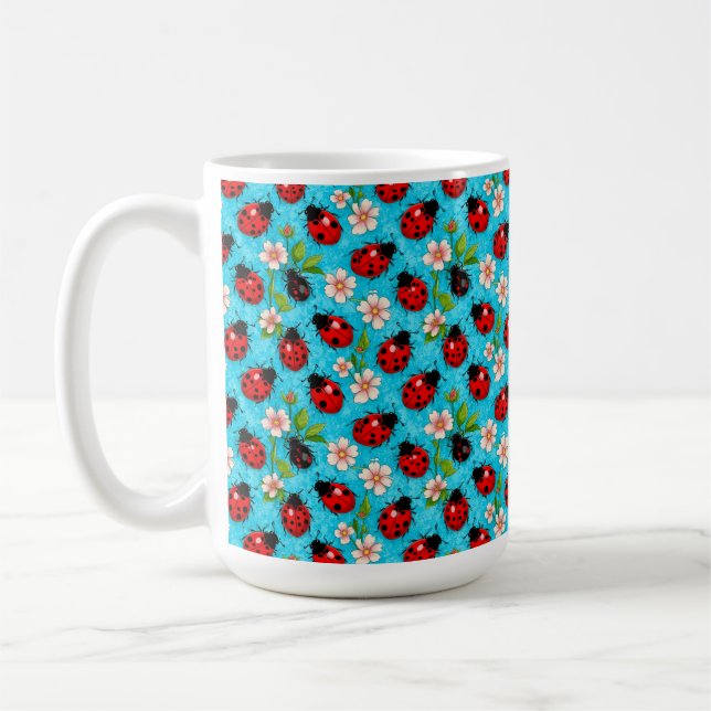 Colourful Ladybug Pattern with Flowers Coffee Mug (Left)