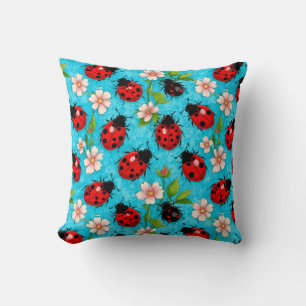 Colourful Ladybug Pattern with Flowers Cushion