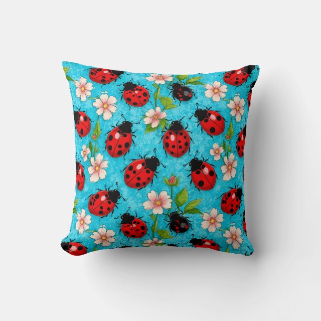 Colourful Ladybug Pattern with Flowers Cushion (Front)