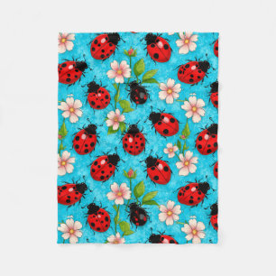 Colourful Ladybug Pattern with Flowers Fleece Blanket