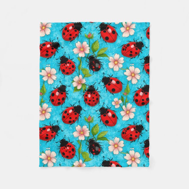 Colourful Ladybug Pattern with Flowers Fleece Blanket (Front)