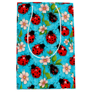 Colourful Ladybug Pattern with Flowers Medium Gift Bag