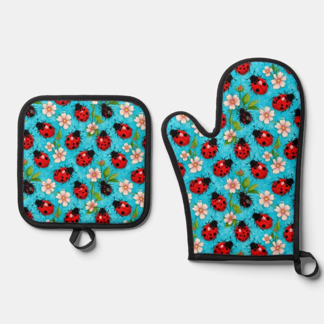 Colourful Ladybug Pattern with Flowers Oven Mitt & Pot Holder Set (Front)
