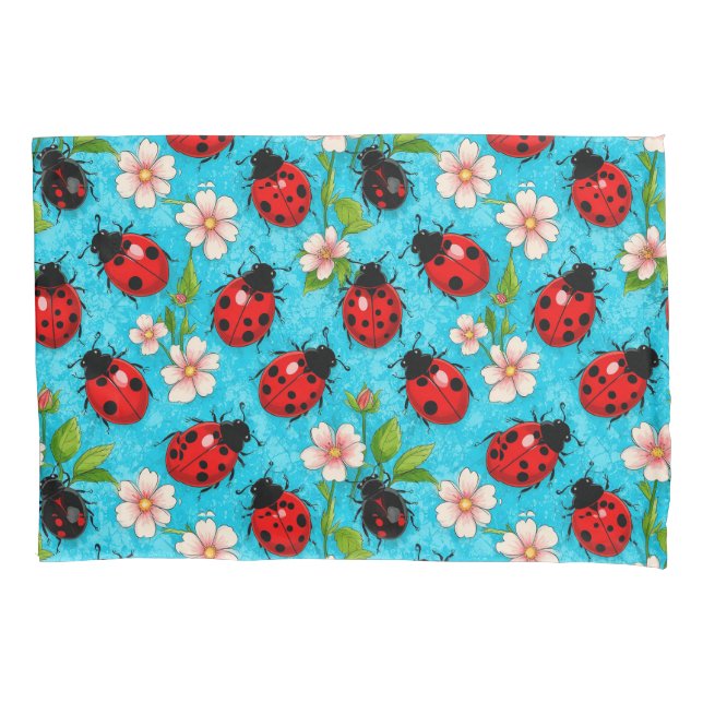 Colourful Ladybug Pattern with Flowers Pillowcase (Front)