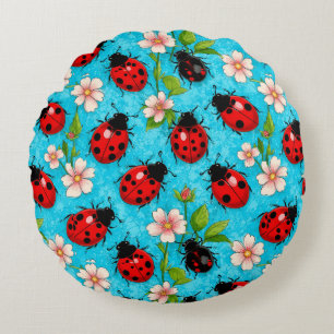 Colourful Ladybug Pattern with Flowers Round Cushion