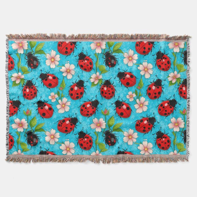 Colourful Ladybug Pattern with Flowers Throw Blanket (Front)