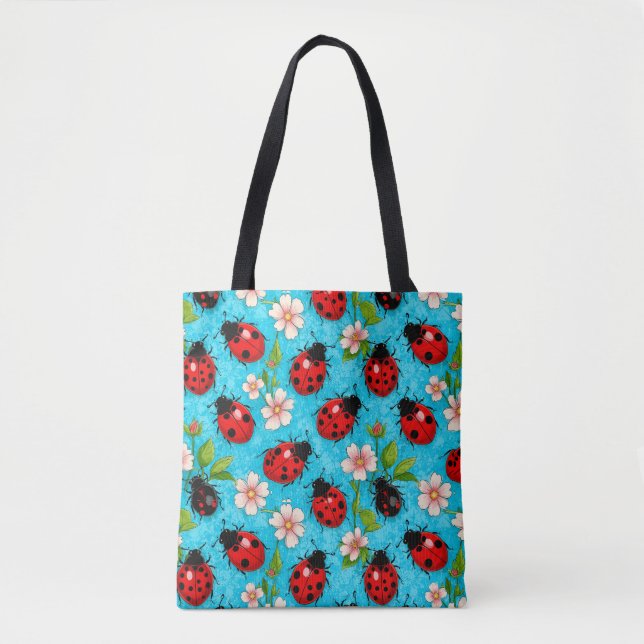 Colourful Ladybug Pattern with Flowers Tote Bag (Front)