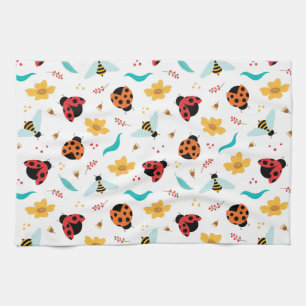 Colourful Ladybugs and Bees on a Floral Tea Towel
