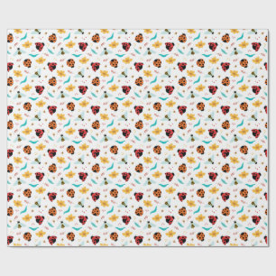 Colourful Ladybugs and Bees on a Floral Wrapping Paper