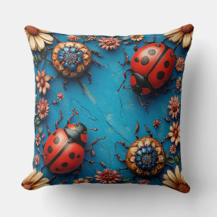 Colourful Ladybugs and Flowers Cushion