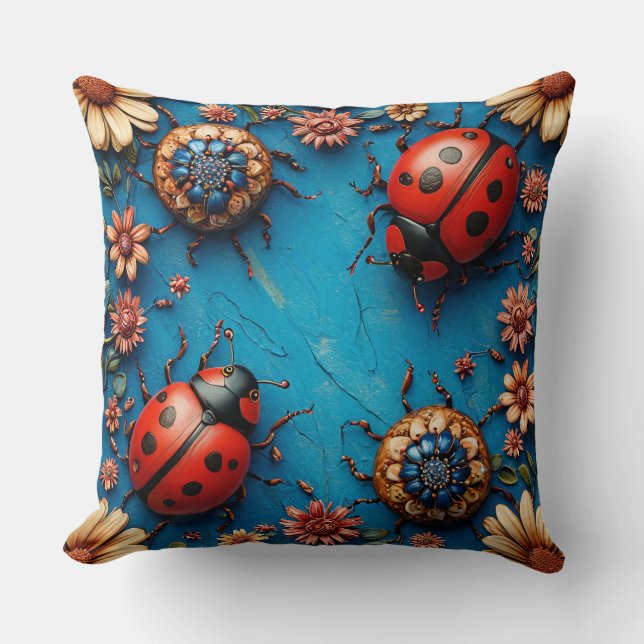 Colourful Ladybugs and Flowers Cushion (Front)