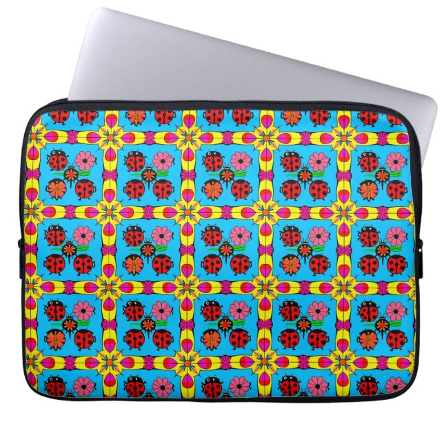 Colourful Ladybugs and Flowers Laptop Sleeve (Front)
