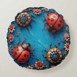 Colourful Ladybugs and Flowers Round Cushion