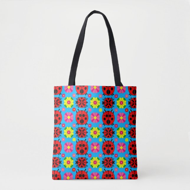 Colourful Ladybugs and Flowers Tote Bag (Front)